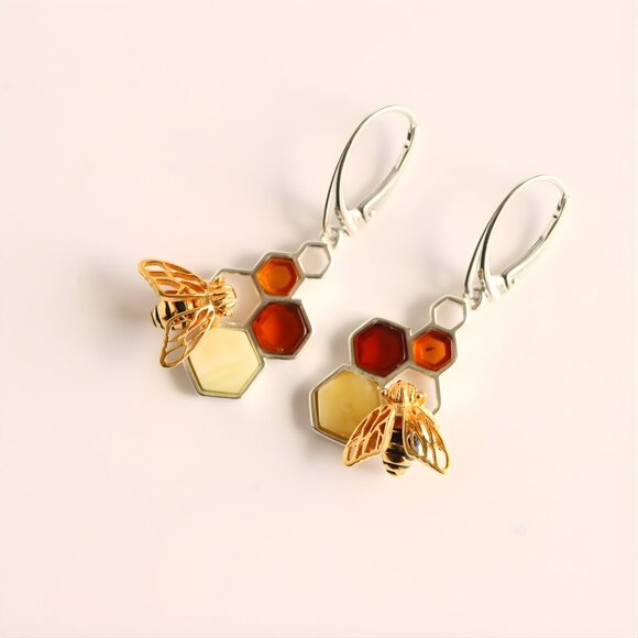 Baltic Amber Earrings- Gold Bee and Honeycomb Design -Sterling Silver - Picture 3 of 5